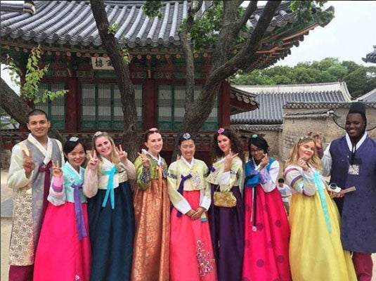 Students dress in tradition clothing in South Korea during summer 2017 study abroad.